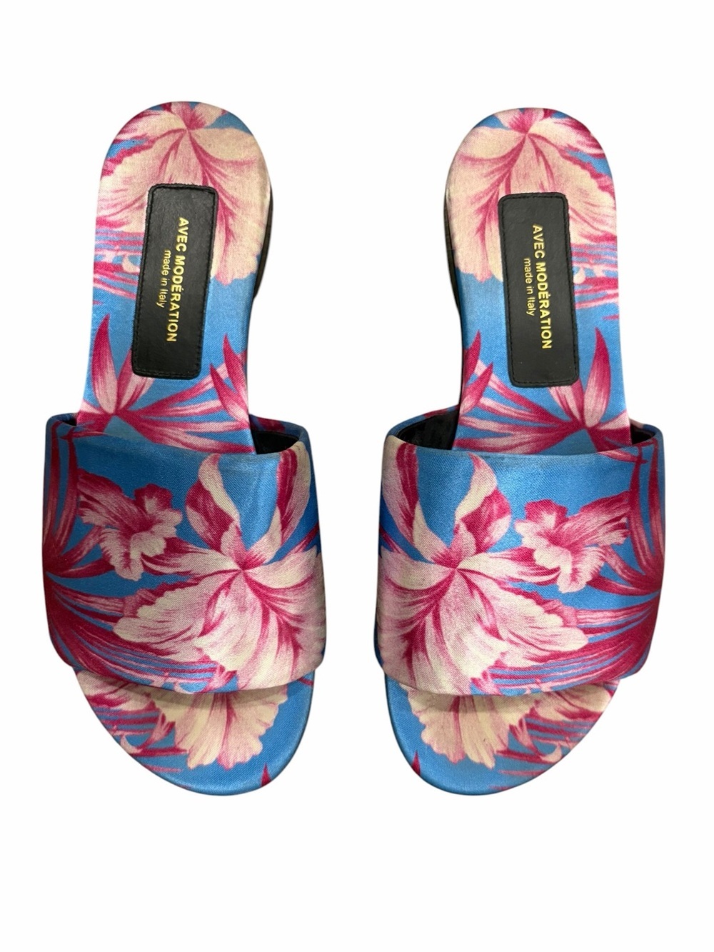 Avec Moderation Tropical Print Satin Slides Made in Italy size 38 US 7.5